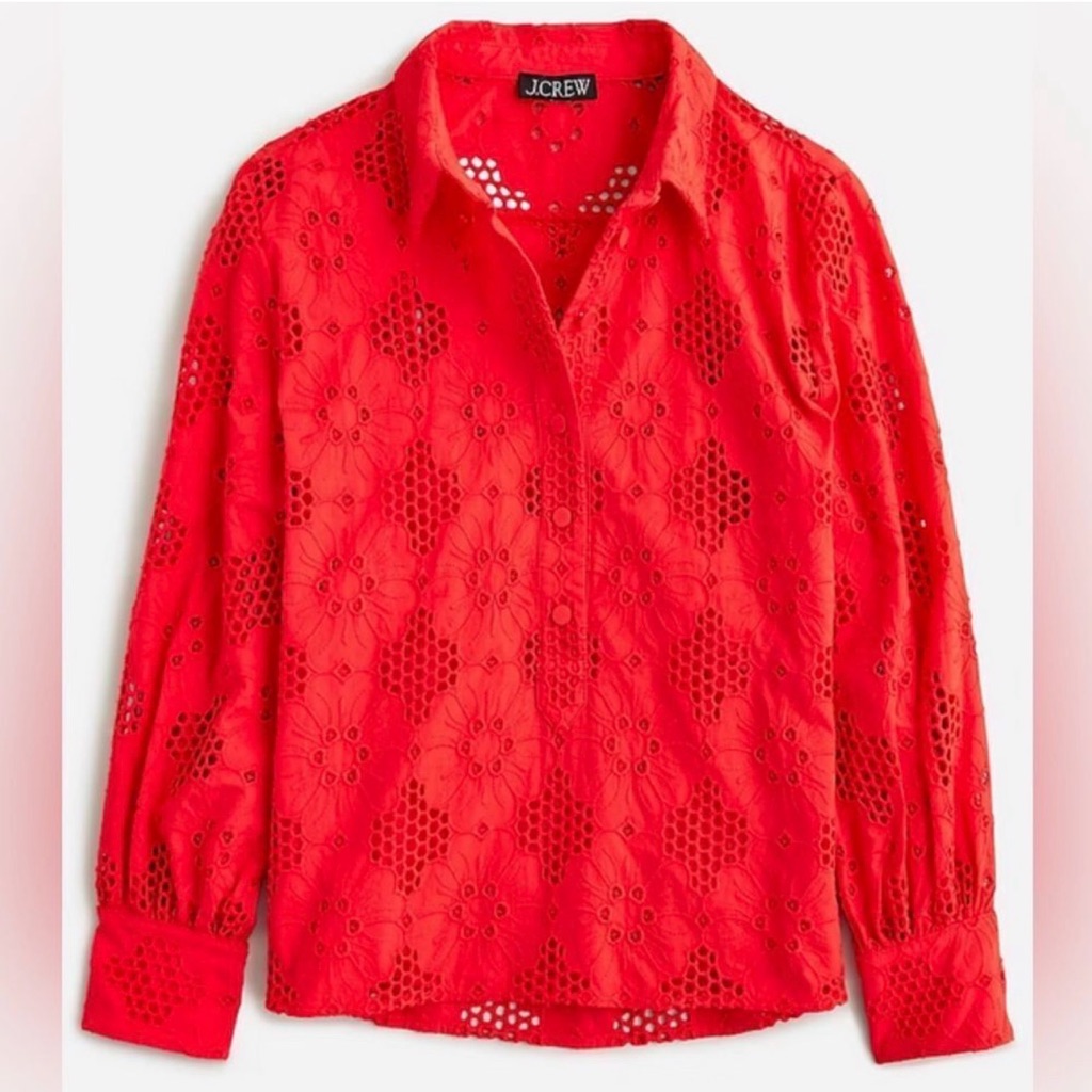 Nwt J.Crew Women’s Red Eyelet Long Sleeve Popover Top Size Medium